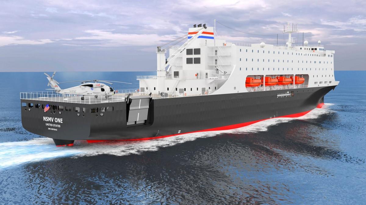 Computer rendering of a starboard quarter view of a National Security Multi-mission Vessel underway at sea