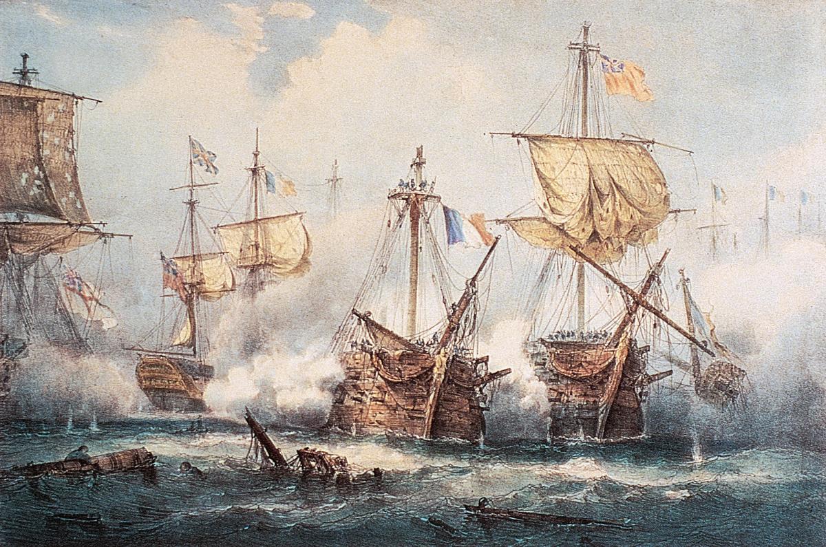 An episode of the naval battle at Trafalgar: the ship Redoutable (French) against the vessels Victory (British), Téméraire (British) and Thunderer (British). Spain, Cape Trafalgar, 21 October 1805
