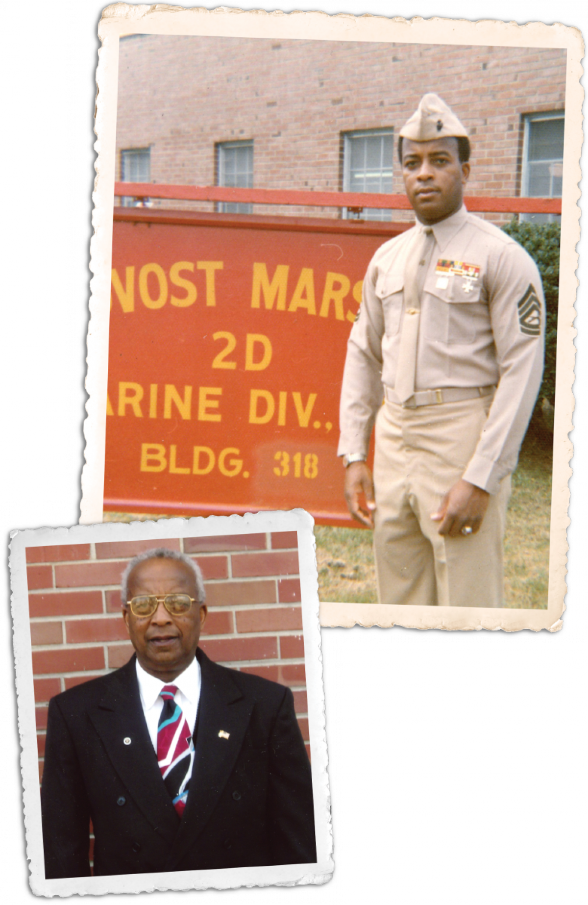 Composite of Sergeant Major Horton as a gunnery sergeant at Camp LeJeune and after his retirement from active duty