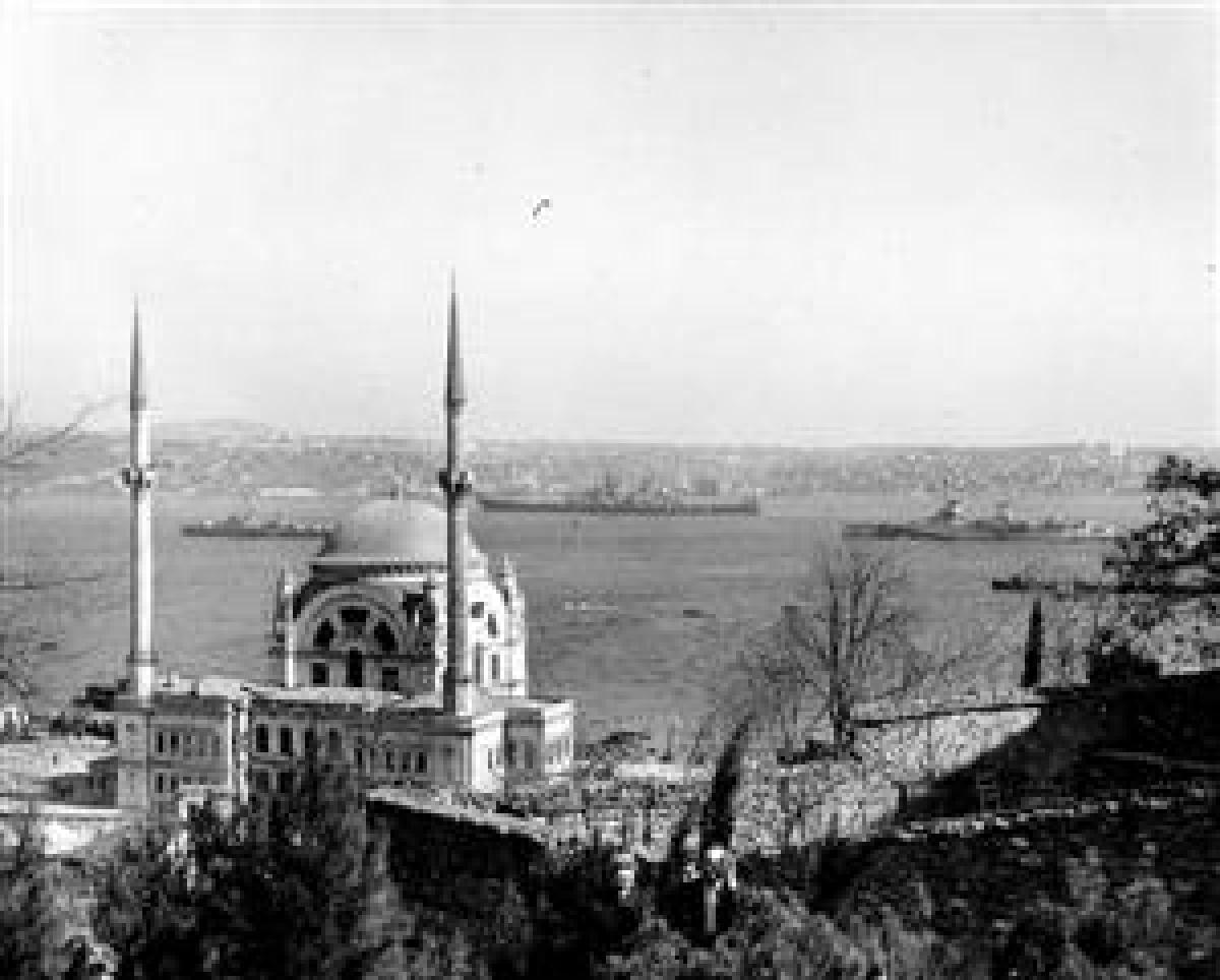 The USS Missouri (BB-63), center, brings the body of the late Turkish Ambassador to the United States back to Turkey for burial in April 1946.