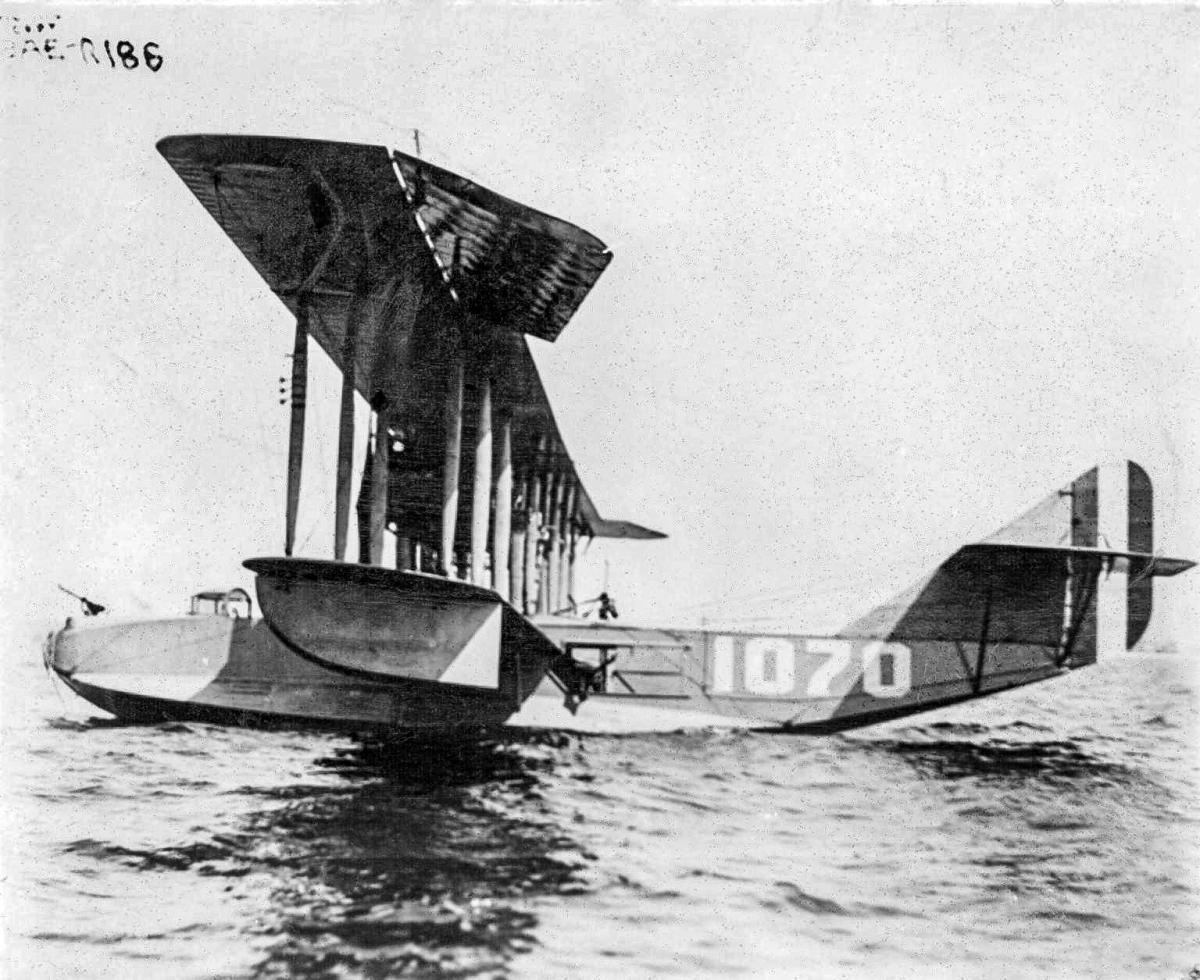 Surface left side profile view of a Navy H-16 flying boat