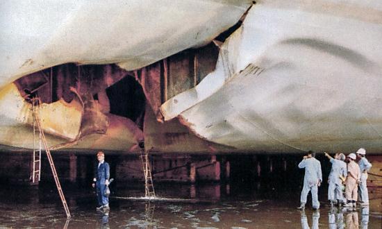 Mine damage to the tanker SS Bridgeton, seen in drydock