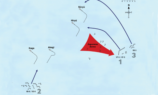 Map showing midmorning attacks on Japanese carriers during the Battle of Midway