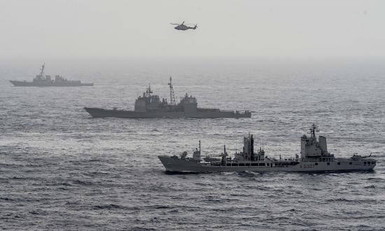 The USS Roosevelt (DDG-80, top), San Jacinto (CG-56, middle) and the Italian nave participated in the Flotta Verde as part of the Great Green Fleet Initiative.