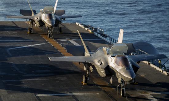Two F-35B Lightning II's sit on the flight deck aboard USS America (LHA 6), November 17, 2016, for the Lightning Carrier Proof of Concept Demonstration