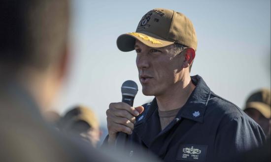 Craig Trent, commanding officer of USS Porter (DDG-78), addresses the crew during an all-hands call, Jan. 13, 2019.
