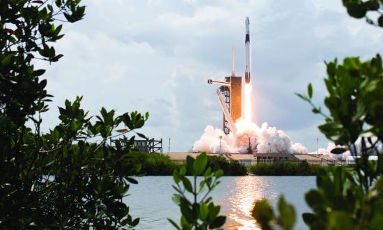 A SpaceX Falcon 9 rocket carrying NASA crew members is launched from Launch Complex 39A at the Kennedy Space Center in Florida on 30 May 2020. SpaceX has used model-based systems engineering to innovate and accelerate key components of its rocket program.