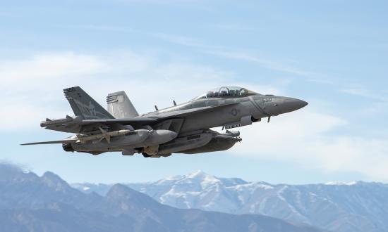 A U.S. Navy EA-18G Growler aircraft assigned to Electronic Attack Squadron (VAQ) 131 at Naval Air Station Whidbey Island, Washington, takes off during Red Flag 20-1 at Nellis Air Force Base, Nevada, in January 2020.