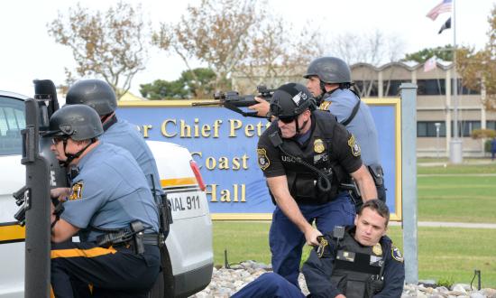 Police respond during an active shooter exercise.