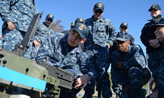 Minemen calibrate an M2HB .50 caliber machine gun before a crew-served weapons qualification at Camp Blanding Joint Training Center in Starke, Fla., March 3, 2018