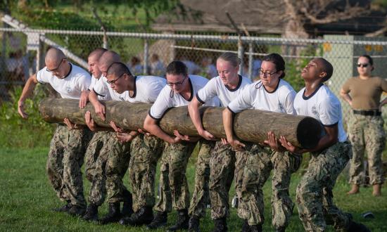 Plebes from the U.S. Naval Academy Class of 2024 complete the squad combat course during Plebe Summer.