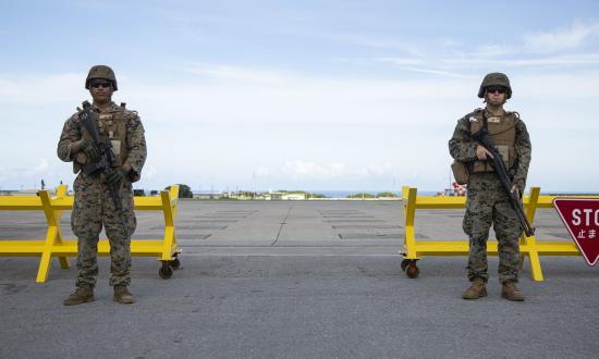 Marines standing guard at Marine Corps Air Station Futenma, Okinawa, Japan.