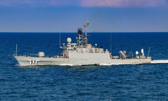 Royal Saudi Naval Force corvette HMS Badr (612) performing maneuvers in the Arabian Gulf. 