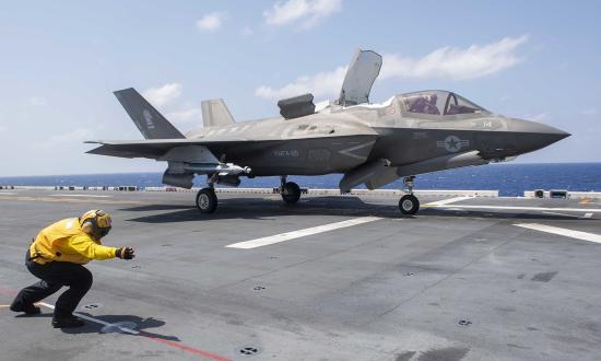 An F-35B Lightning II takes off from the amphibious assault ship USS America (LHA-6). 