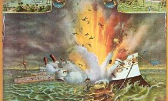 The USS Maine explodes on 15 February 1898 in Havana Harbor, Cuba. Although the cause of the explosion is still open to debate, the incident was one of the factors leading to war with Spain.