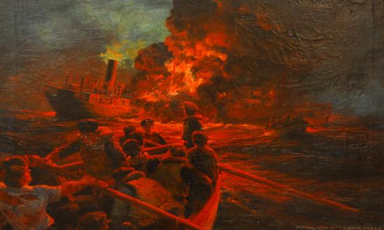 “Pulling Away from Blazing Tanker” by Anton Otto Fischer.