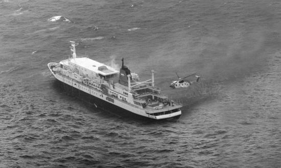 The cruise ship Prinsendam in distress in  the Gulf of Alaska, 4 October 1980.