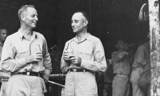 Captains Arleigh Burke (left) and Bernard Austin in the World War II Pacific