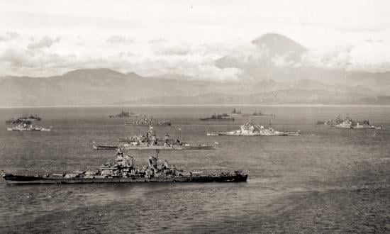 U.S. and British warships in Sagami Bay, Japan, in the final days of World War II. Naval Institute Photo Archive.