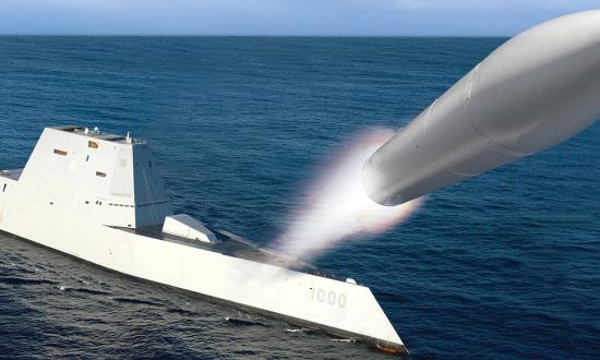 An artist rendering of the USS Zumwalt (DDG-1000) firing the Conventional Prompt Strike long-range hypersonic missile. 