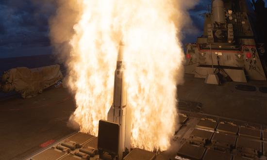 The USS Carl Levin (DDG-120) launches a Standard Missile-3 interceptor.