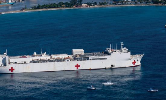 The USNS Comfort (T-AH-20) anchored off Haiti.
