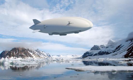 An artist's rendering of a 20-ton hybrid airship operating in a remote area.