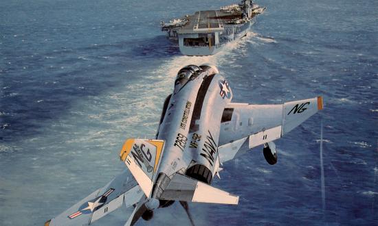 Lieutenant Curtis Dosé lines up his F-4J Phantom II fighter for a landing on the USS Constellation after having downed an enemy MiG-21 over North Vietnam. Philip E. West’s painting is titled Silver Kite 211, the call sign for Dosé’s aircraft.