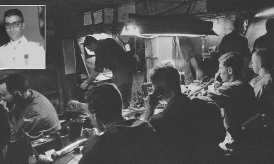 The Fire Support Coordination Center at besieged Khe Sanh Combat Base is a beehive of activity on a typical night in February 1968. Working in the cramped, smoky space, Captain Munir “Harry” Baig (inset), would plot targets for U.S. artillery and aircraft. 