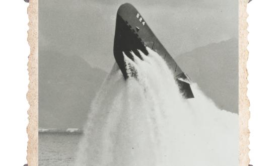 The USS Pickerel (SS-524), surfacing at a 48-degree  up angle from a depth of 150 feet, during tests off  Oahu, Hawaii, 1 March 1952.