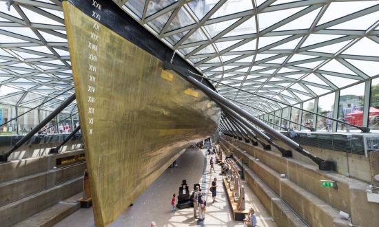 Underside starboard bow view of the clipper ship Cutty Sark at the Royal Museum, Greenwich, England