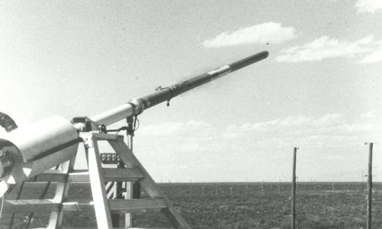 An April 1980 test of the Self-Initiating Antiaircraft Missile (SIAM) developed by the Defense Advanced Research Projects Agency. The missile was fired from a test stand at the White Sands Missile Range in New Mexico and intercepted a Gyrodyne QH-50 Drone Antisubmarine Helicopter (DASH). The test missile lacked a warhead but successfully intercepted the unmanned helicopter (insets)