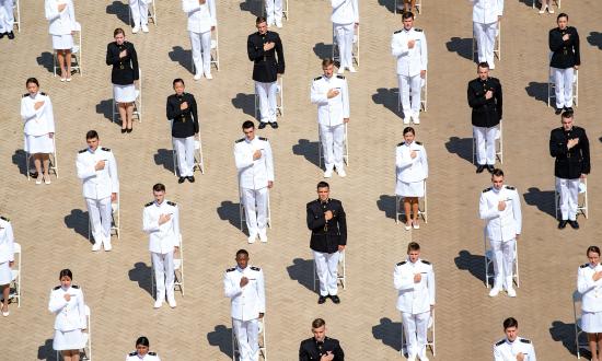 Members of the USNA Class of 2020 being commissioned on 14 May in Tecumseh Court.