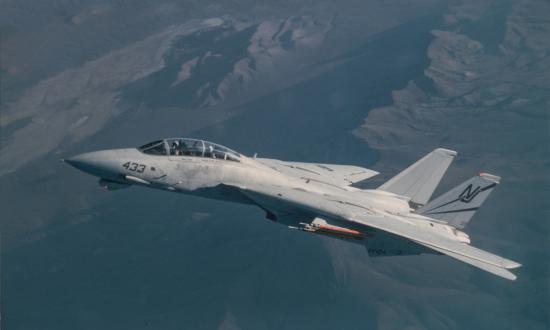 An F-14D Tomcat fighter aircaft from VF-124 flying over California.