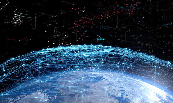 Network lines crossing over Earth from space.