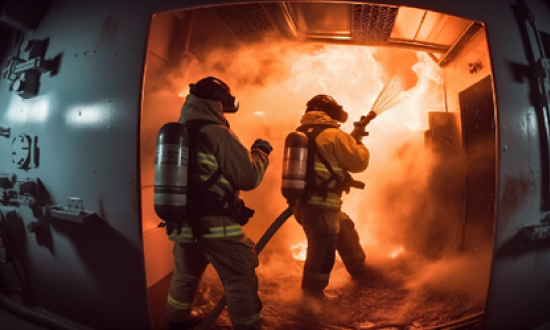 Two people fighting a fire.