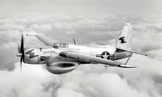 Air-to-air left front oblique view of  Grumman XTB3F-1S Guardian in flight