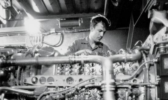 A crewman on board the USS Fletcher (DD-992) performs maintenance on one of the ship’s gas-turbine engines. Gas turbines—the most prevalent form of propulsion on board Navy ships today—combine the functions of the boiler and the turbine into one element and do not need feedwater.