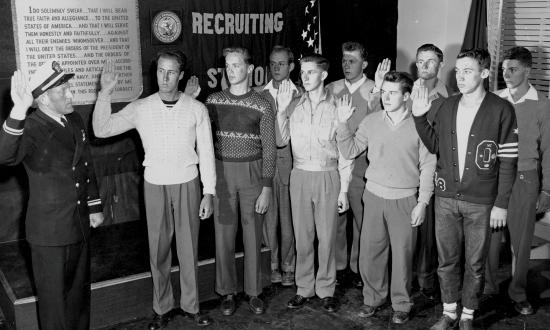 There are multiple paths to joining the U.S. Navy, including enlisting, like these young men in 1948, who were sent to San Diego Naval Training Center after taking their oaths.