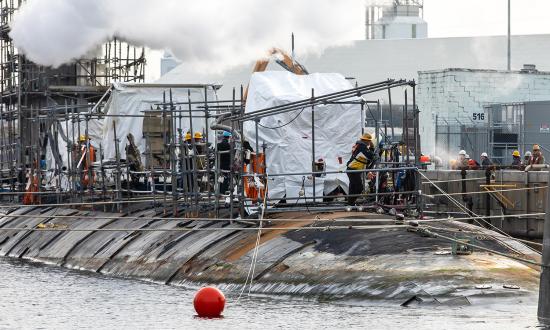 The USS John Warner (SSN-785) in Norfolk Naval Shipyard in January 2023.  