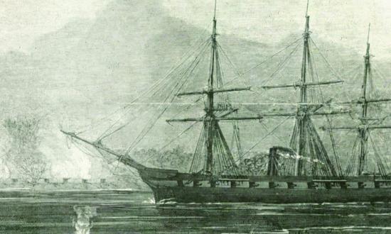 January 1862: The U.S. sloop-of-war Pensacola runs past a hail of fire from Confederate shore batteries along the Potomac as she makes the dangerous passage to Hampton Roads. 