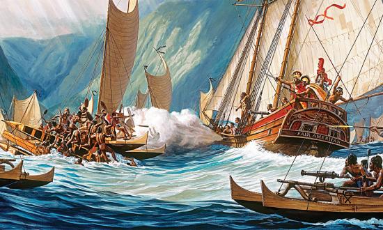 The forces of Kamehameha I (right) repel the invasion fleet of the Oahu-Kauai coalition in the 1791 “Battle of the Red-Mouthed Gun.” The king would continue to deploy his Western naval-cannon arsenal in the land campaigns by which he conquered and united the Hawaiian Islands. 