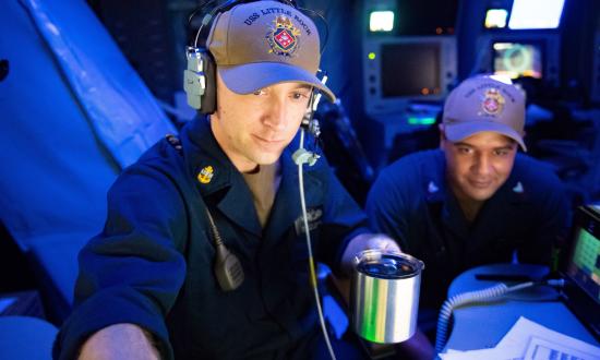  Chief Fire Controlman Brian Buswell conducts training on defense system operations on board the USS Little Rock (LCS-9) while deployed in the Caribbean Sea.