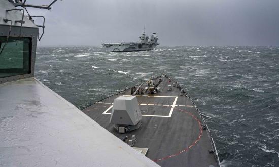 USS Gridley (DDG-101) at sea with HMS Queen Elizabeth