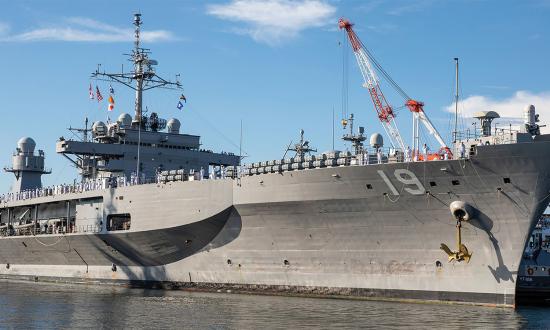 The U.S. Seventh Fleet flagship, USS Blue Ridge (LCC-19), returns to Yokosuka on 20 August 2024.