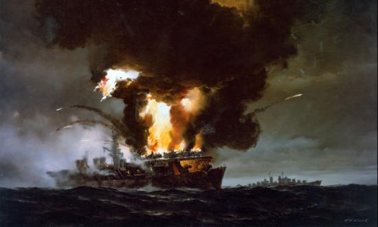 Painting of the USS Princeton (CVL-23) in flames by R. G. Smith