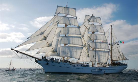 Port bow view of the Mexican three-masted barque Cuauhtemoc under sail