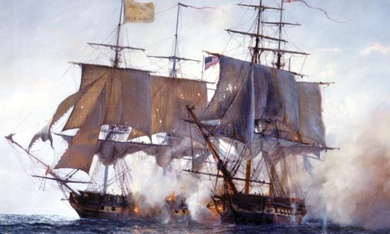 HMS Shannon and the USS Chesapeake exchange broadsides during their 15-minute battle on 1 June 1813 in Robin Brook's painting "Duel off Cape Anne." 