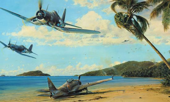 In support of landings in the Marshall Islands, F4U Corsairs make a low-level strafing run on the lookout for ground targets. A downed Japanese Zero lies decaying on the beach below, and U.S. Navy vessels in the distance bombard enemy positions. The assault on the Marshalls in January–February 1944 was hailed as “probably the most perfect operation of its kind in the war.”