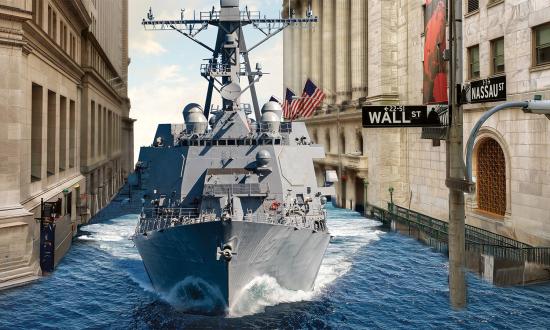 Battleship traverses Wall Street in this created image. 